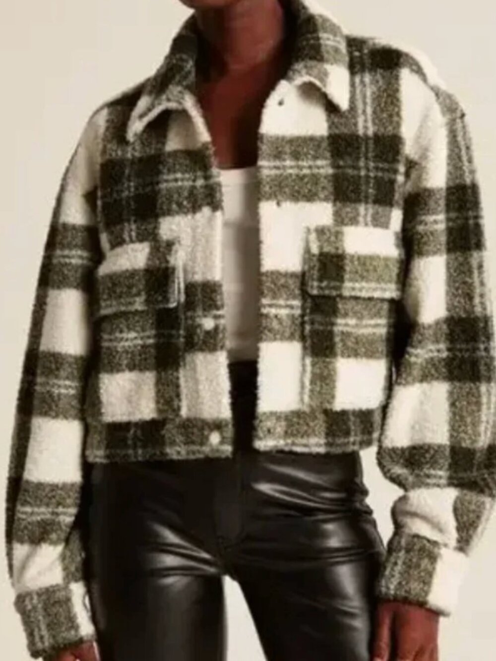 Abercrombie & Fitch | Cropped Sherpa Shirt Jacket Plaid Green Cream Size Medium